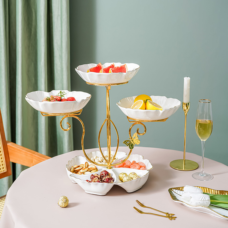 Luz de lujo cerámica multicapa Internet celebridad plato de fruta sala de estar tarde té merienda plato de fruta seca almacenamiento creativo postre soporte de exhibición