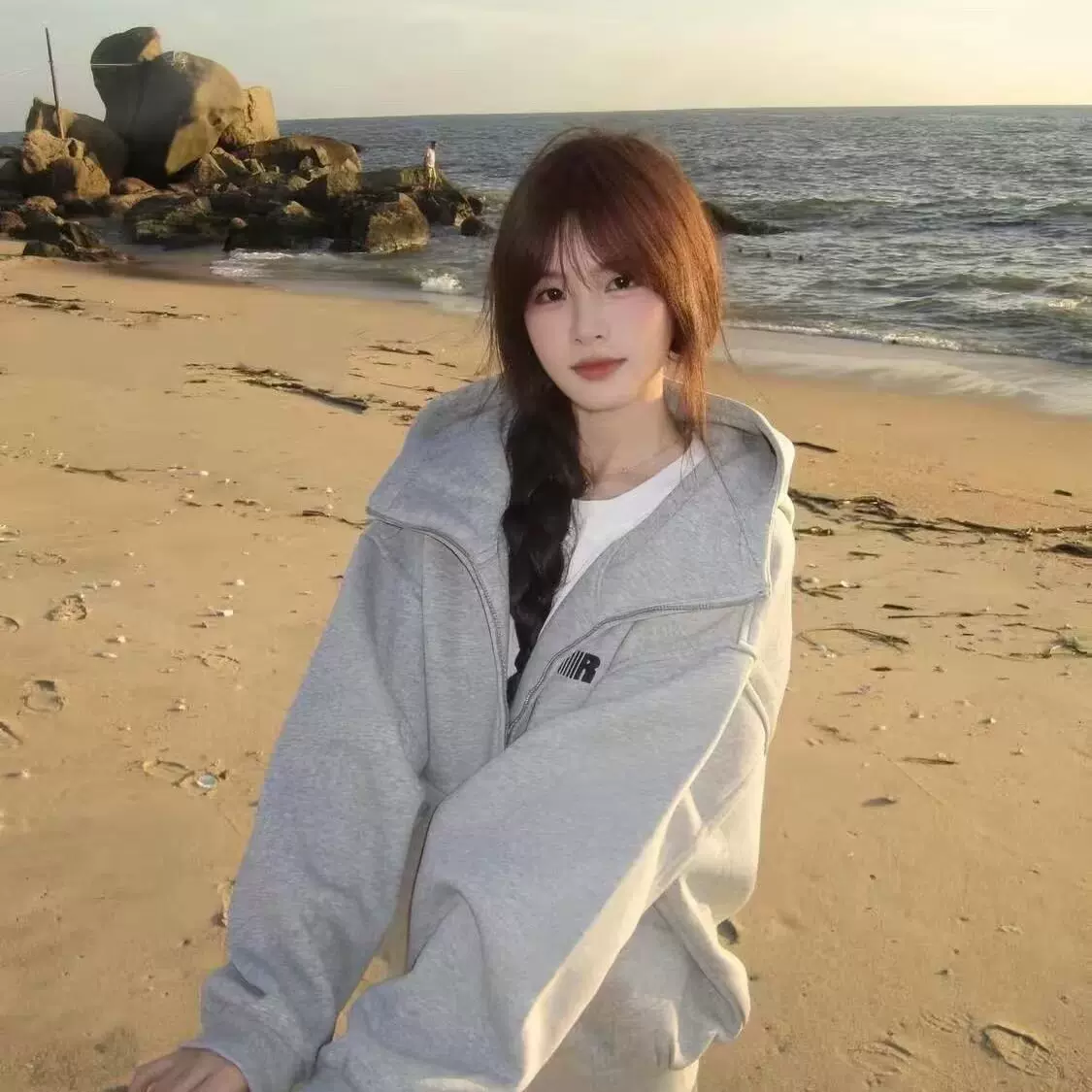 跨境外贸高级感小众拼接设计高领宽松拉链外套春秋新款连帽衫卫衣