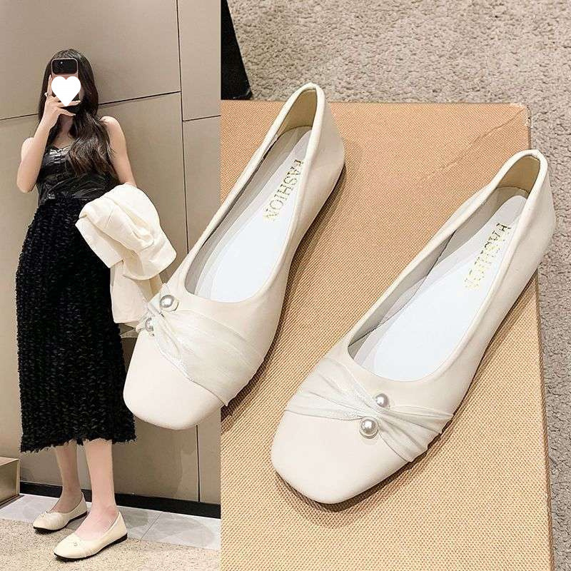 Autumn Flat Lace Women's Shoes Square Toe Pearl Korean Style Versatile Beanie Shoes with Skirt Fairy Shoes Off-White