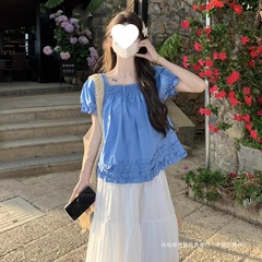跨境克莱因蓝色棉麻短袖小衣女夏5新多巴胺套装法式娃娃衫T恤纯色