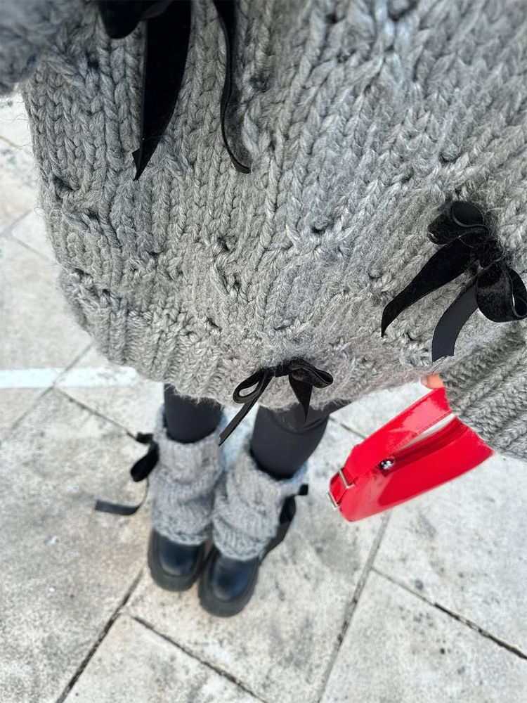 Moda gris cuello redondo arco adornado manga larga suéter blusa 2026 otoño invierno nuevo estilo europeo y americano transfronterizo image 5