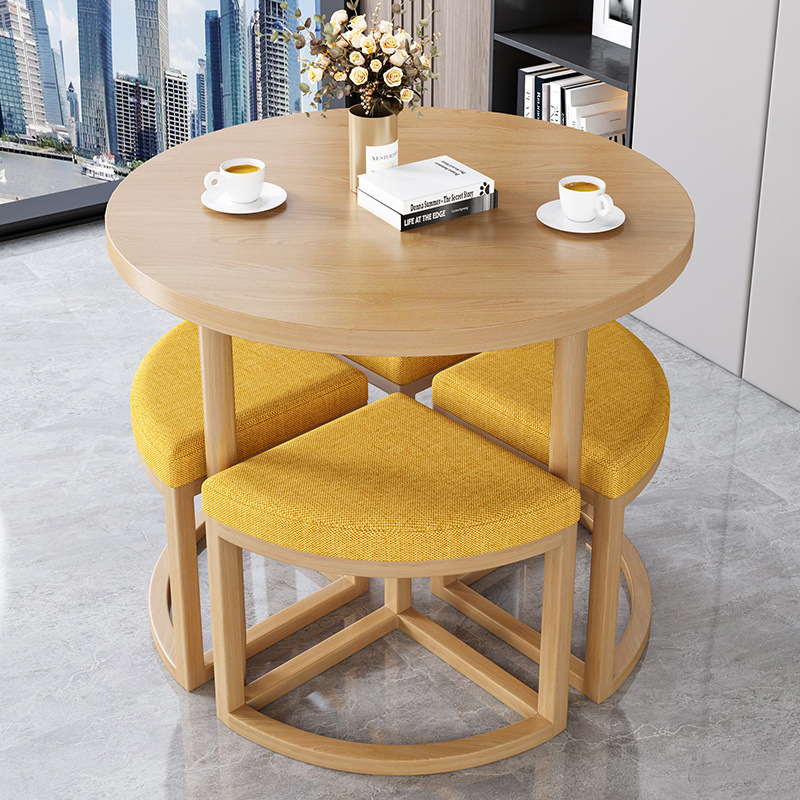 Taburete de tela amarillo + mesa de madera