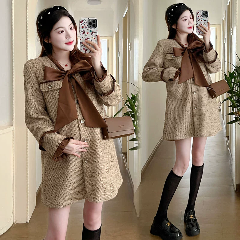 Dress for pregnant, autumn skirt with bow, Chanel style, high-quality style, oversize, fitted