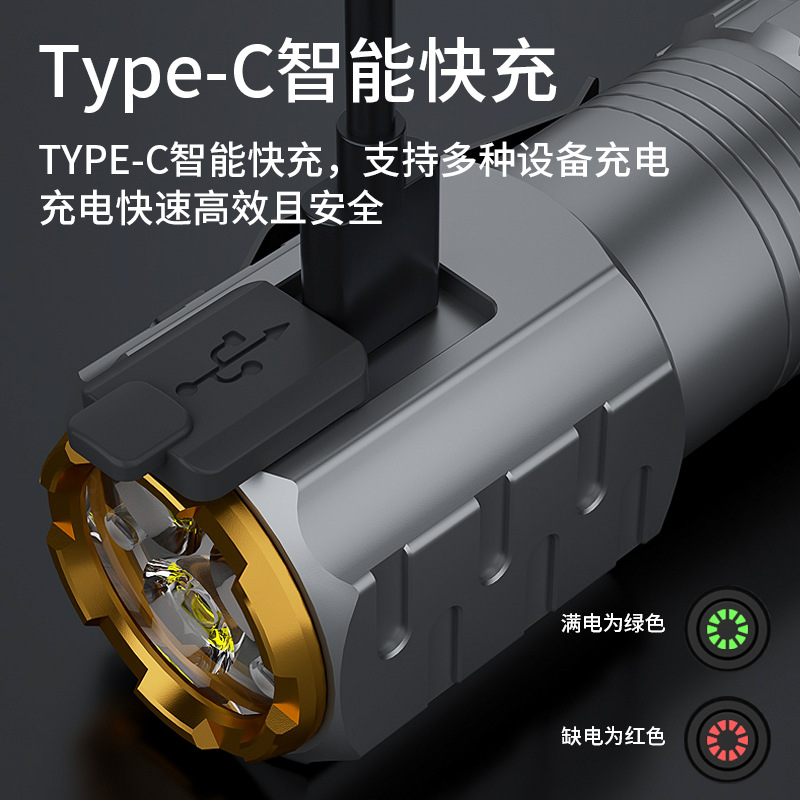 Tiktok caliente TYP-C de tres ojos al aire libre aleación linterna portátil fuerte luz pequeña pistola de acero mini linterna impermeable