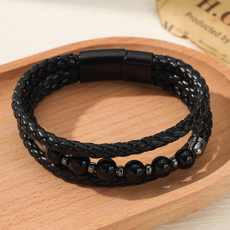 Pu Leather, Alloy Material Solid Color Pattern Retro Punk Solid Color Pu Leather Alloy Plating Men's Bangle Men Cord & Leather Bracelets