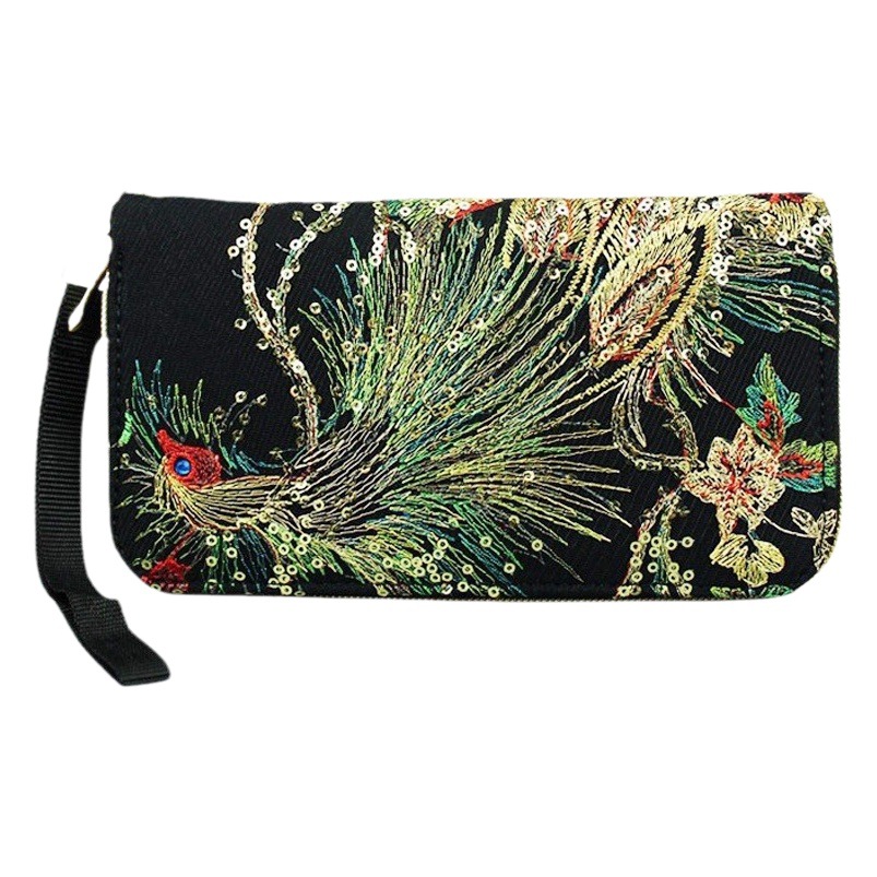 Cartera bordada de doble cara de estilo de minoría étnica con bordado de pavo real con cremallera larga cambio de mano bolsa de teléfono móvil