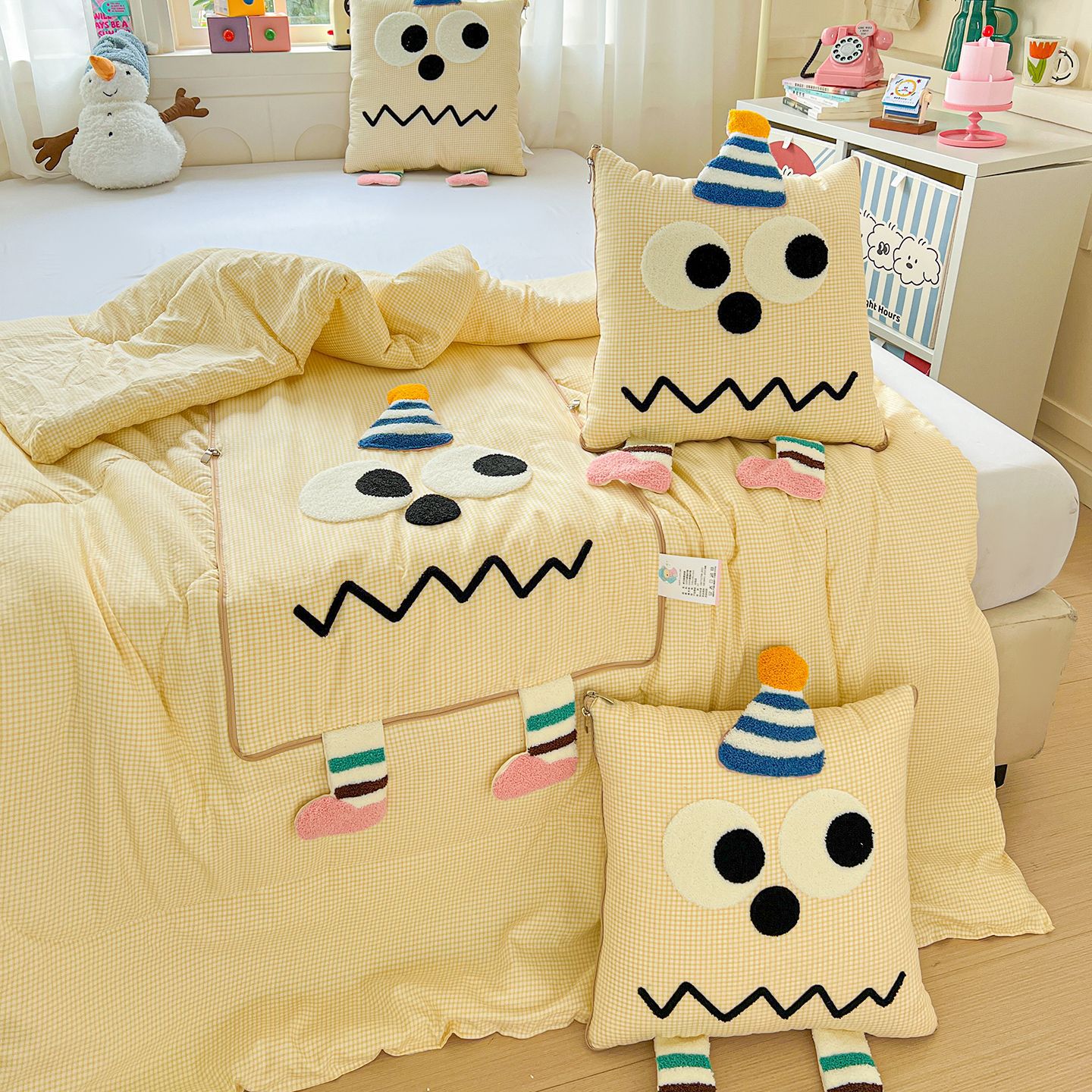 사계절 입체형 하지미 옐로우 체크 [펼치면 사계절 얇은 이불]