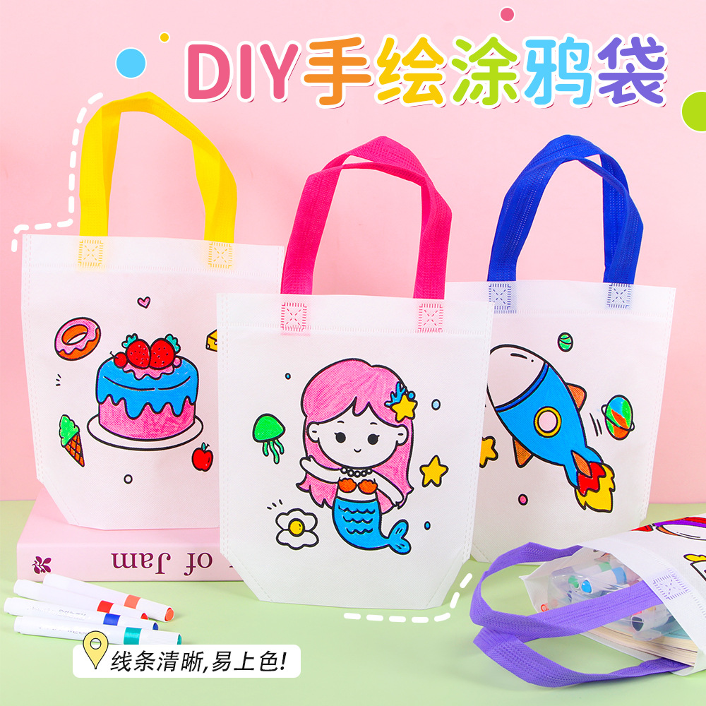 Bolsa de protección del medio ambiente de bricolaje, bolsa de graffiti no tejida, arte para niños, bolsa de tela para colorear hecha a mano, bolso de pintura para colorear pintado a mano
