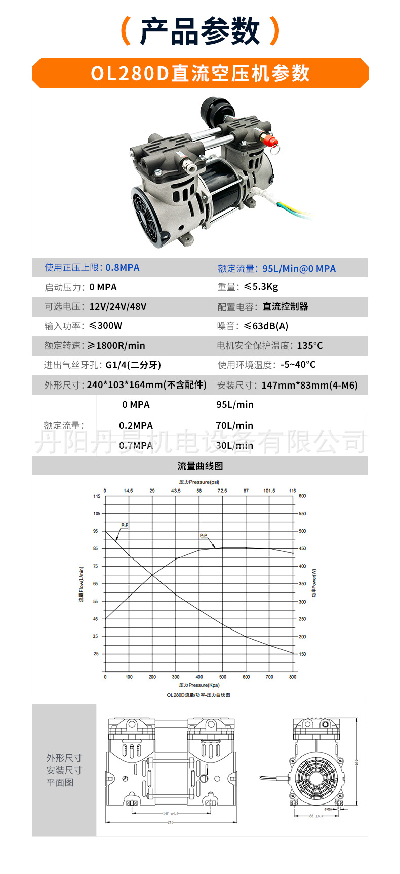 Danhao Electromechanical Ol280D High Flow Compressor Optional 12V24V48V Oil-Free Piston Type Dc Air Compressor