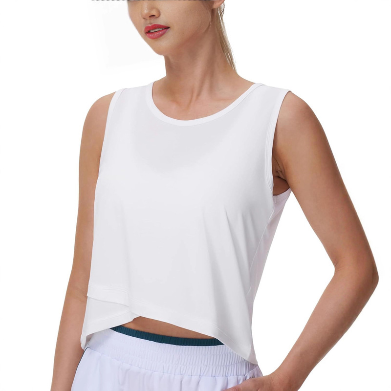2025 Amazon Women's Workout Crop Top Sleeveless Cross Hem Loose Sports Yoga Shirt Cross-Border