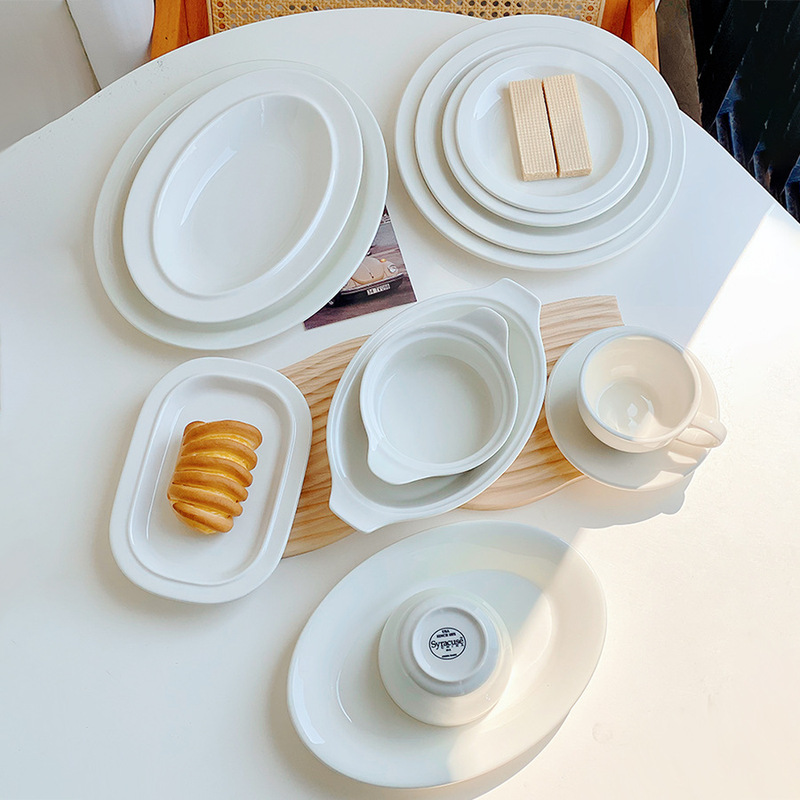 Foreign trade original order genuine goods Tail Pure White Ceramic Household Rice Bowl Large Disc Vegetable Fruit Dessert Oval Cake Plate