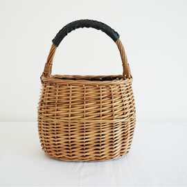 出口日本手工缝制皮把藤编包野餐菜篮子椭圆形草编包复古女包