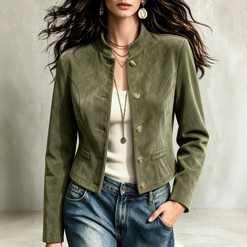 Amazon Cross-Border Season New Style Stand Collar Suede Button-Decorated Short Versatile Jacket for Women Amazon Cross-Border Season New Style Stand Collar Suede Button-Decorated Short Versatile Jacket for Women