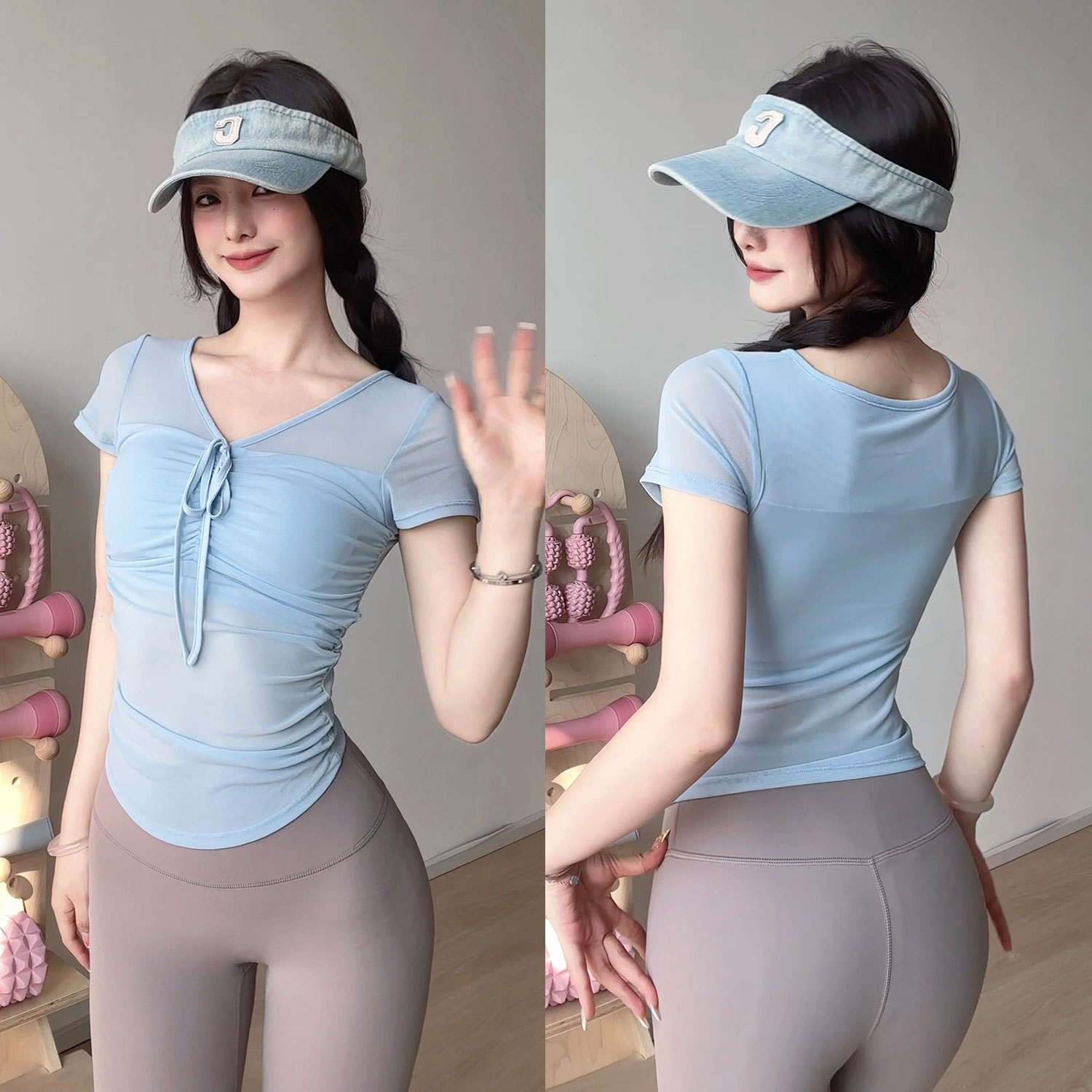 Mesh Yoga Clothes for Women, Fixed Cup Sports Tops, Breathable Short-Sleeved T-Shirts, Running Pilates Training Fitness Clothes, Summer