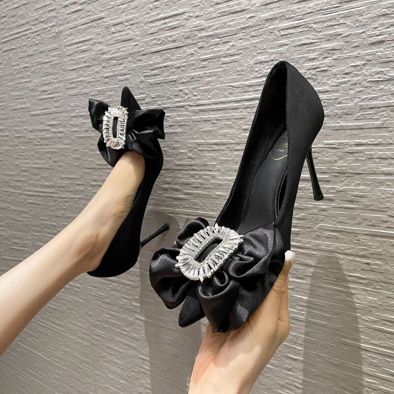 898-303 pointed bow girl style women's high heels 2023 Summer new shallow mouth thin heel shoes