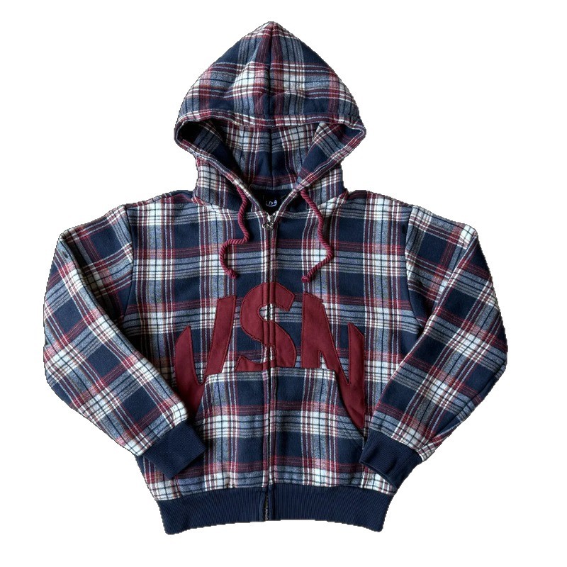 Other Hoodie Plaid USA Patch Zip Up Navy Red