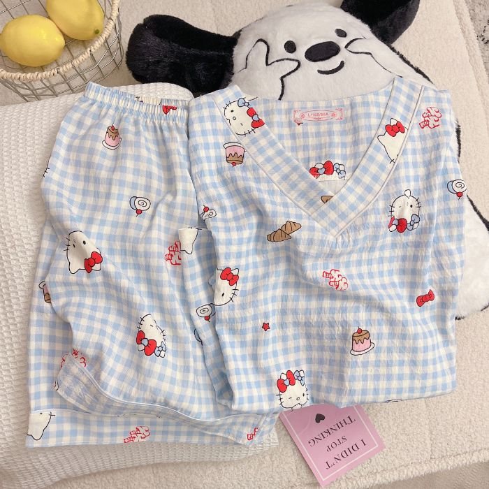 Vietnam transfronterizo transmisión en vivo estilo caliente verano con cuello en V nube pijamas de algodón pantalones de manga corta para mujer traje de servicio a domicilio para estudiantes de dibujos animados
