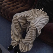 春秋复古慵懒松弛宽松竖条纹百搭休闲直筒裤拖地裤男