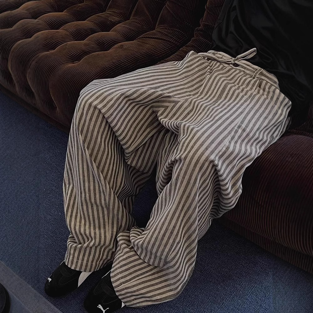 春秋复古慵懒松弛宽松竖条纹百搭休闲直筒裤拖地裤男