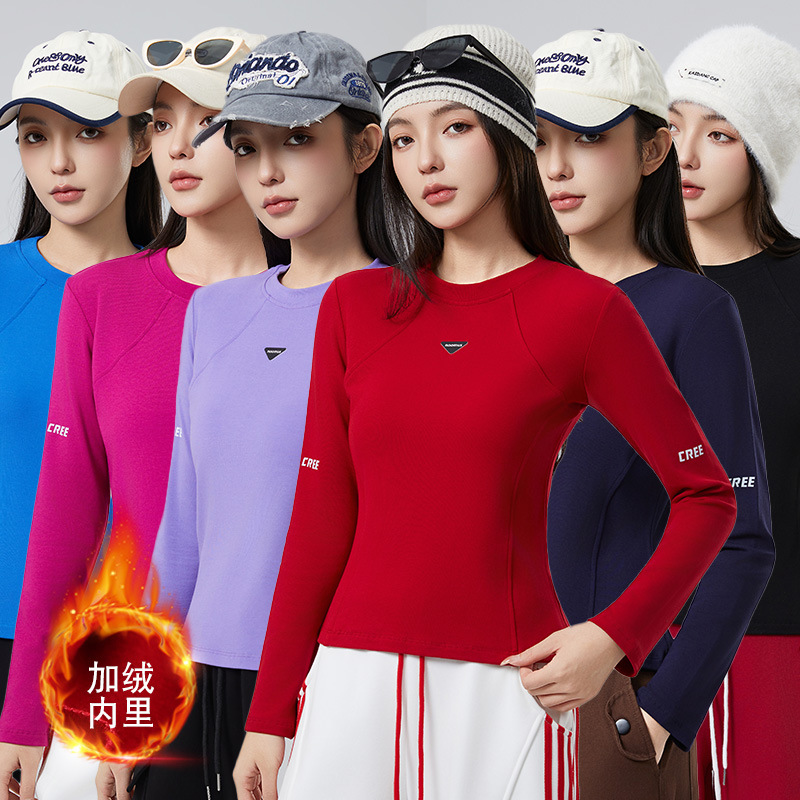 Hot-Selling New Style High-Elastic Slim Long-Sleeved Pullover with Triangular Logo on the Chest and Velvet Bottoming Shirt Top-Ym2555