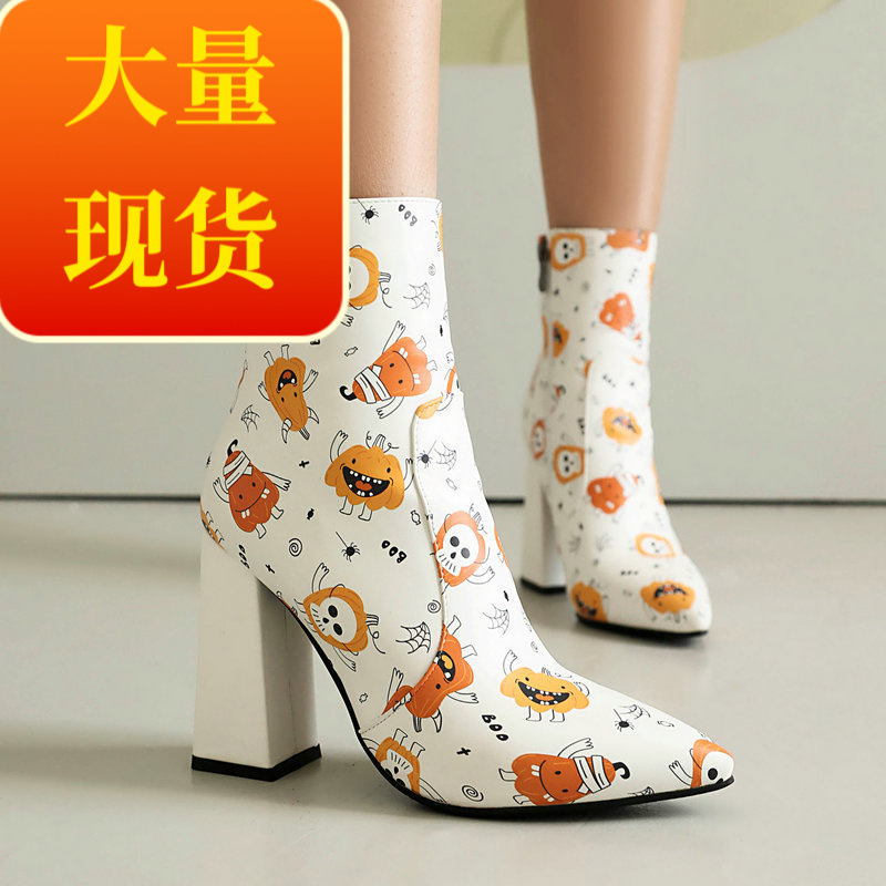 尖头女短筒靴甜美可爱粗跟超高跟侧拉链及踝靴时尚女马丁靴