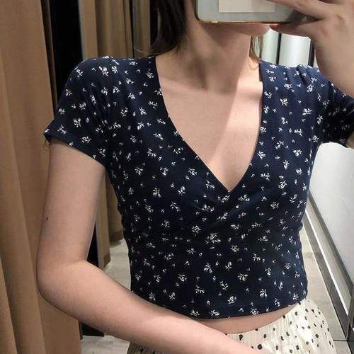 2025 New Style Floral Short Top with V-Neck Sleeveless Slimming T-Shirt for Women 