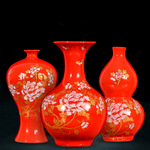描金牡丹瓷器小花瓶中国红色摆件客厅插花结婚喜庆家居中式装饰品