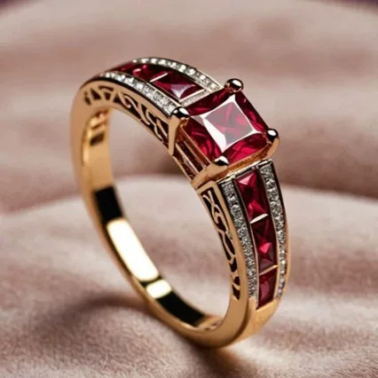 Trendy European and American Style Light Luxury Red Corundum Square Diamond Ring, Full Diamond Pavé Index Finger Ring, High-End Elegant Party Style for Women