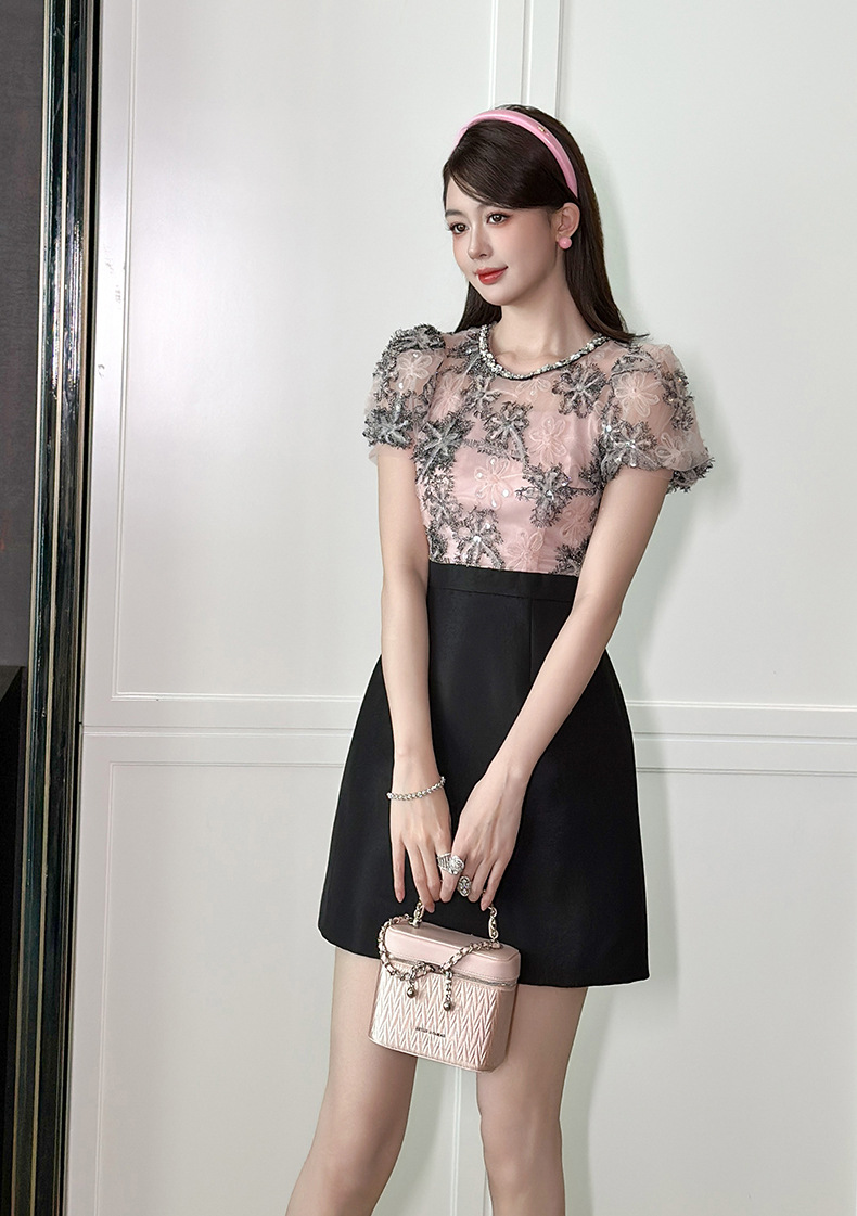 Đầm sequin thiết kế eo giả hai mảnh kiểu Pháp — Màu hồng đen chi tiết 5