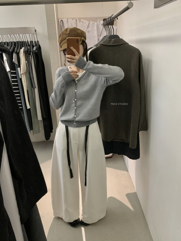 【MISS密思家】拼色假两件简约条纹羊毛开衫毛衣(含6%羊毛)2259|undefined