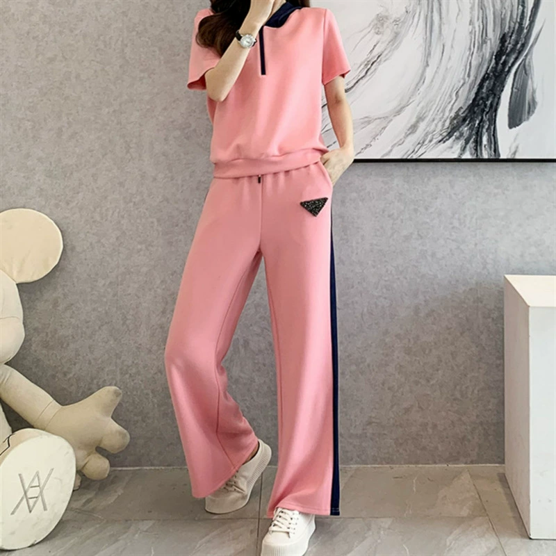 2025 Новый европейский спортивный и повседневный костюм для похудения, женский летний темпераментный модный возрастной широкий брюки, комплект из двух предметов в западном стиле