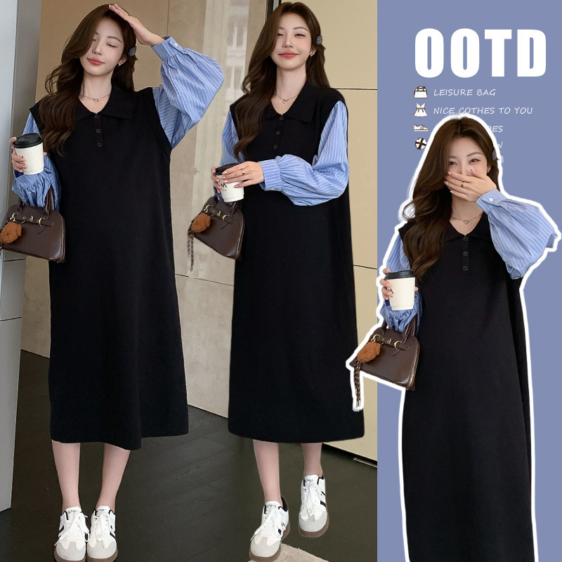 2026 Spring New Designer Fake Two-Piece Shirt Knit Dress Loose Slimming Patchwork Maternity Dress