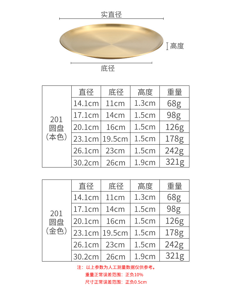 304韩式不锈钢盘金色托盘西餐盘烤肉盘蛋糕甜品水果圆盘自助餐盘详情18