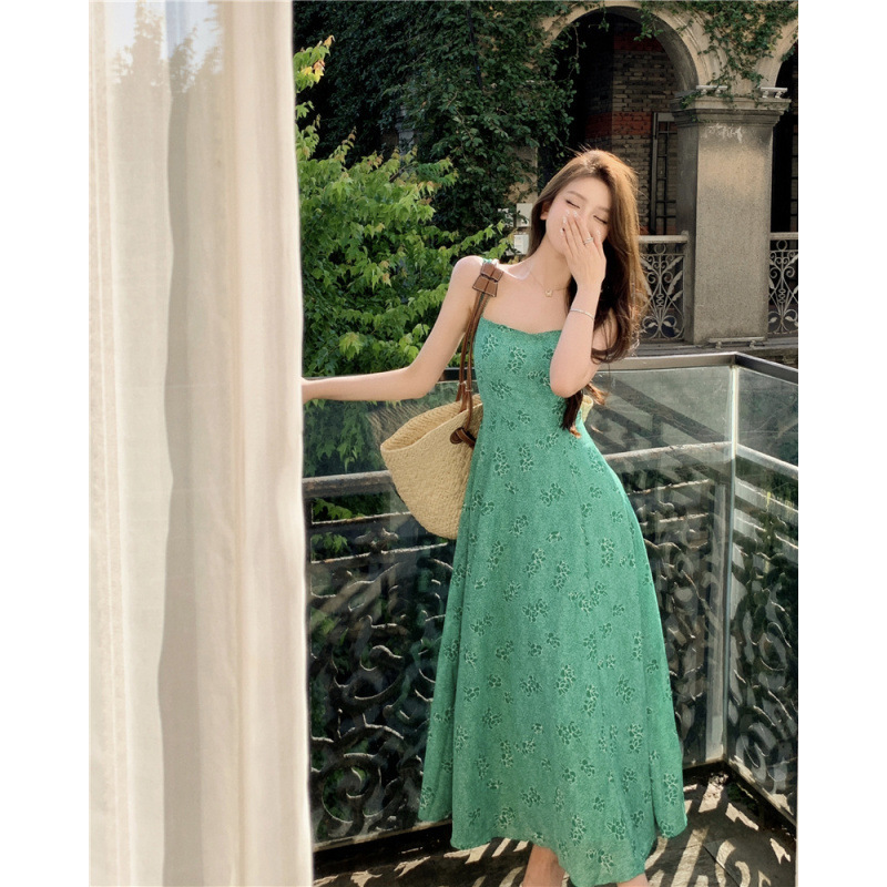 Real shot ~ retro square collar green floral holiday dress women's small fly sleeve high-end dress