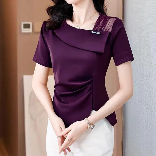 Summer 2025 new purple-style short-sleeved T-shirt women's fashion, age-reducing, slimming, all-matching, foreign-style irregular top H