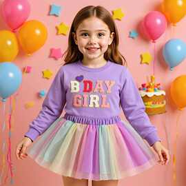 外贸跨境大童款6Y-10Y女童生日礼物装BDAY GIRL毛巾绣卫衣+网可爱