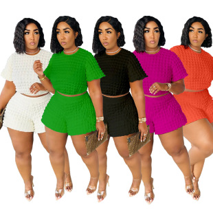 European and American Plus Size Women's Loose Two-Piece Cross-Border Amazon Summer New Solid Color Casual Bubble Suit