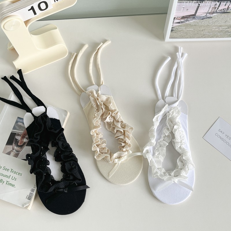 Ballet Lace Strap Boat Socks Women's All-match Lolita Bow Socks Girls Japanese Style Lace Boat Socks free size