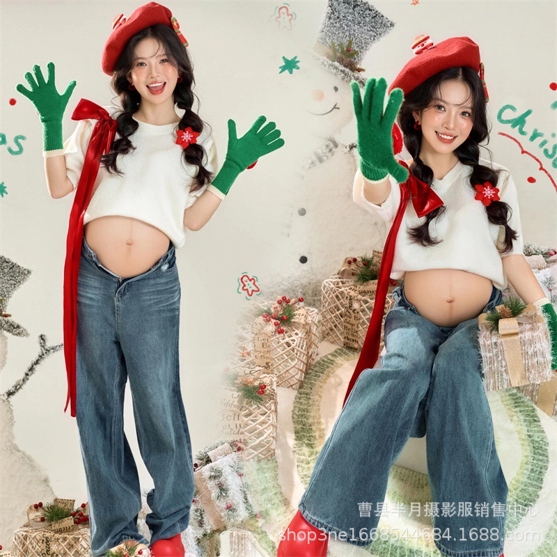 New Year Pregnant Women Photo Studio New Sweater Christmas Costume Ancora Red Pregnant Mommy Art Photo Photography