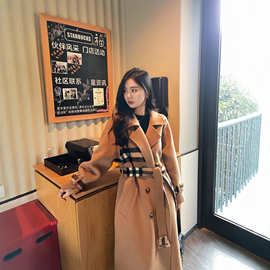 经典款格子西装领腰带款风衣长款大衣双面羊毛格纹风衣