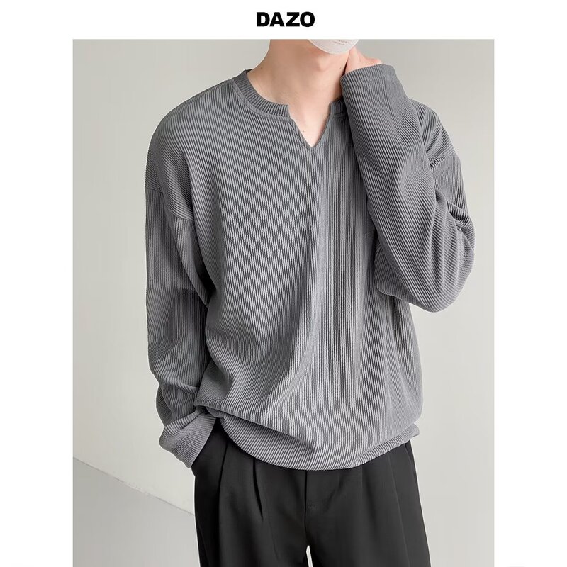 Notched collar long-sleeved T-shirt men's fashion brand loose daily casual design sense pit striped bottoming shirt spring and autumn top