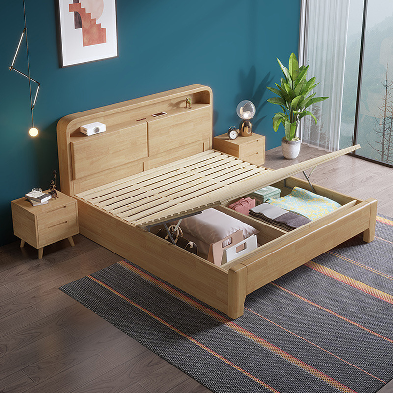 実木原木北欧ベッド1.5メートル1.8メートル現代のシンプルな貯蔵ベッドは、ベッドの主寝ツインベッドを調節できる