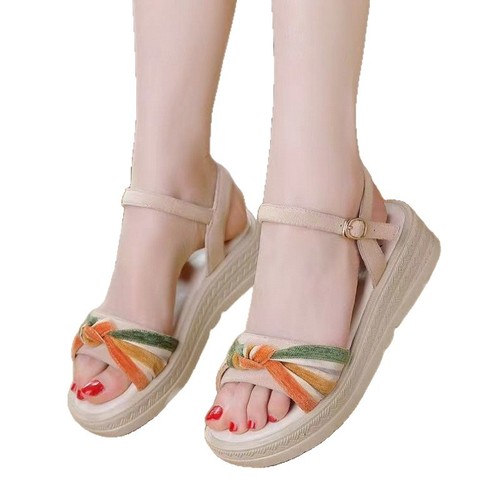 Women's Summer Slope Heel Soft Leather Cross-border Brand Pumps with Platform Thick Sole Height Increasing Non-slip Fashion Sandals