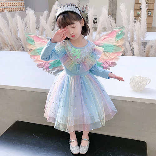 Spring Princess Aisa Dress Girls Autumn Style Rainbow Long Sleeve Dress Wings Puffy Unicorn