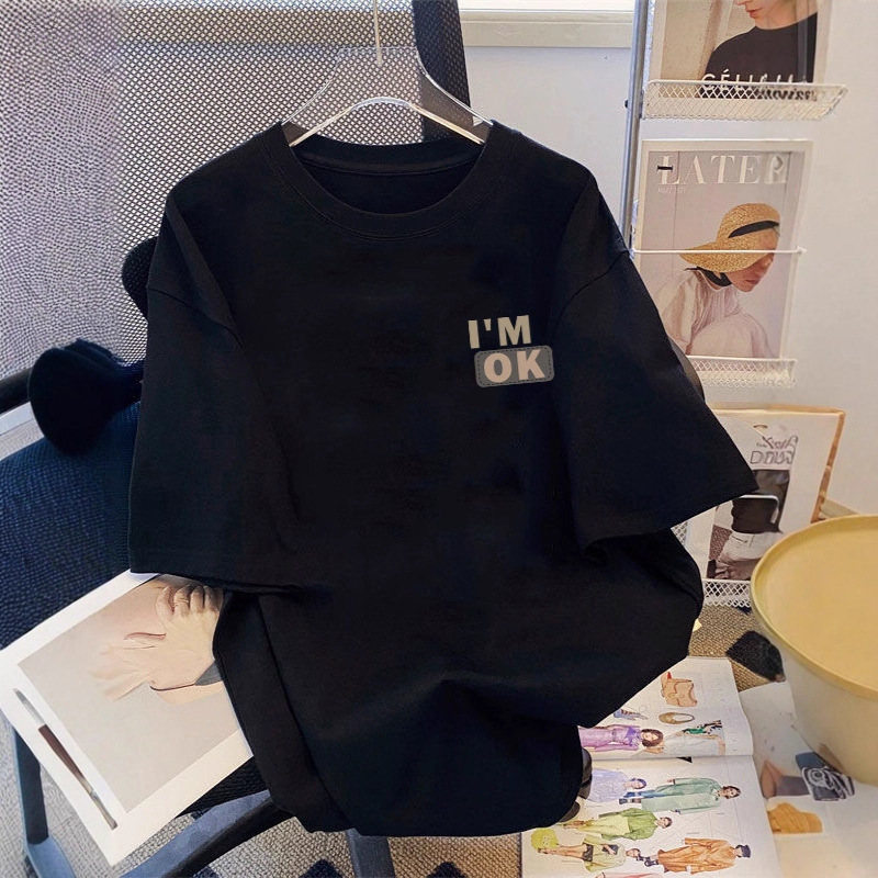 2025 Black Ice Silk Hong Kong Style Men's and Women's T-Shirts Summer Tops Versatile Simple Tops Couple Wear Men's and Women's Same Style Short Sleeves