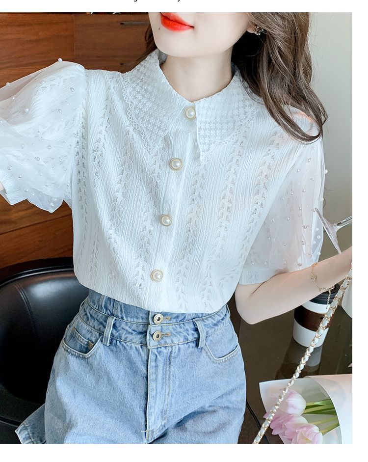 Camicetta da donna in pizzo con maniche a palloncino in rete con perline, cardigan estivo a maniche corte, top trasparente casual, abbigliamento da strada alla moda_voghion.com