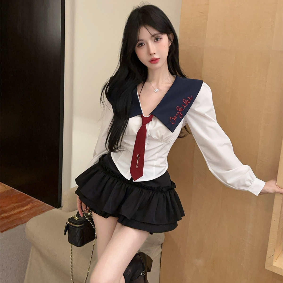 대학 스타일 JK 유니폼 뜨거운 소녀 편지 인쇄 긴 소매 넥타이 상단 세트 높은 허리 케이크 바지 스커트 투피스 세트
