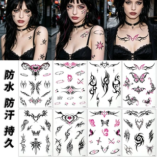跨境Y2K风黑色纹身贴朋克风格粉色心形蝴蝶魅魔临时纹身贴tattoos