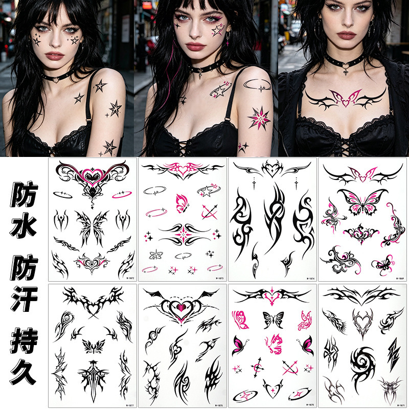 Cross-border Y2K style black tattoo stickers, punk style pink heart-shaped butterfly succub temporary tattoo stickers Cross-border Y2K style black tattoo stickers, punk style pink heart-shaped butterfly succub temporary tattoo stickers