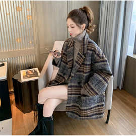 格子毛呢外套女中长款2024秋冬新款流行韩版小个子粗花呢子大衣潮